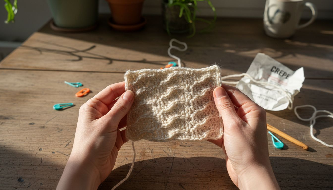 Close-up crepe yarn crochet stitches and hands