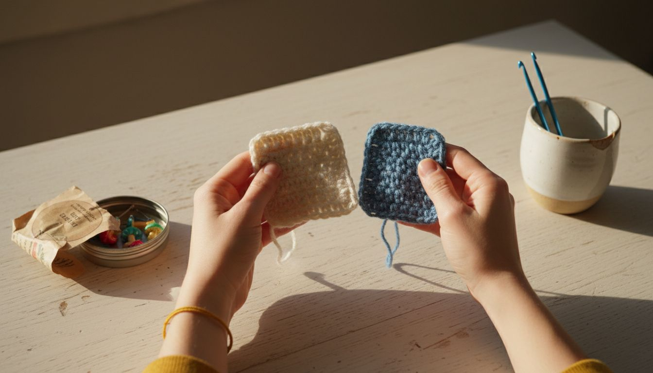 Hands comparing single ply and plied yarn swatches