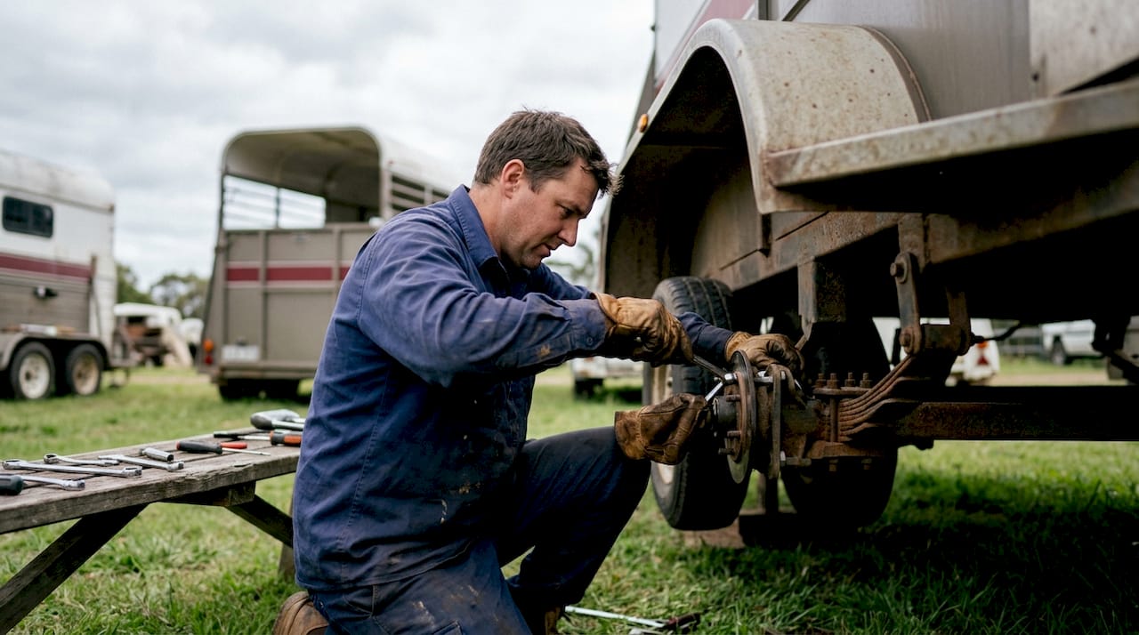 Mechanic adjusting horse float suspension parts