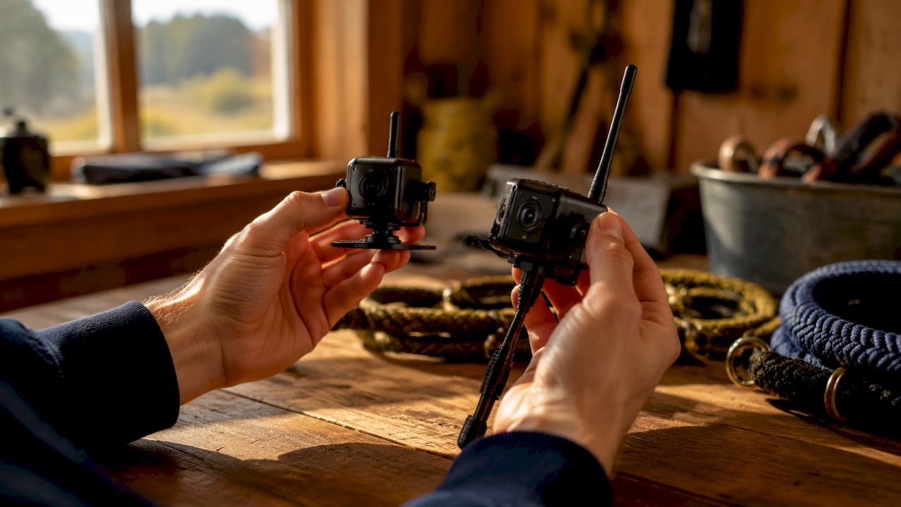 Hands comparing wireless and wired horse float cameras