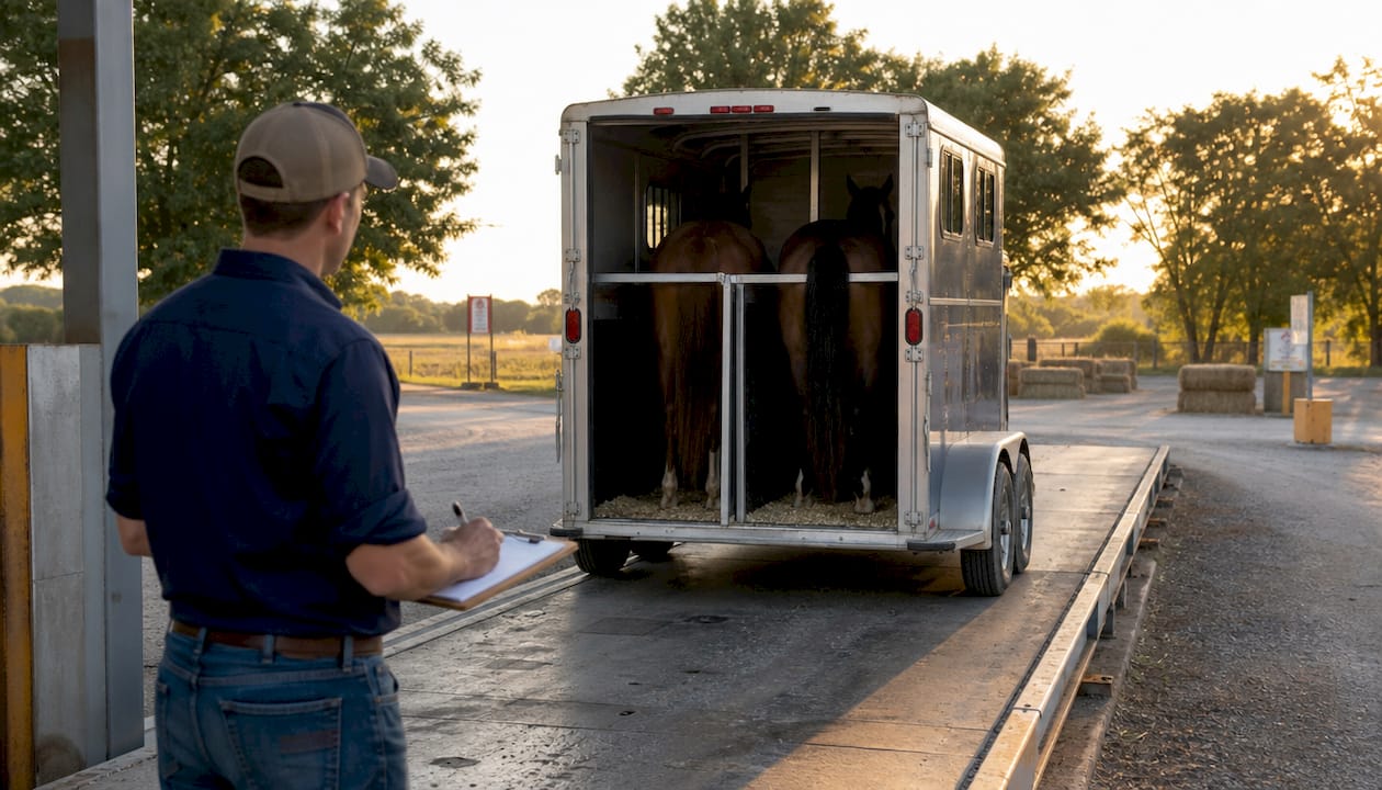 Weighbridge scale measuring loaded horse float