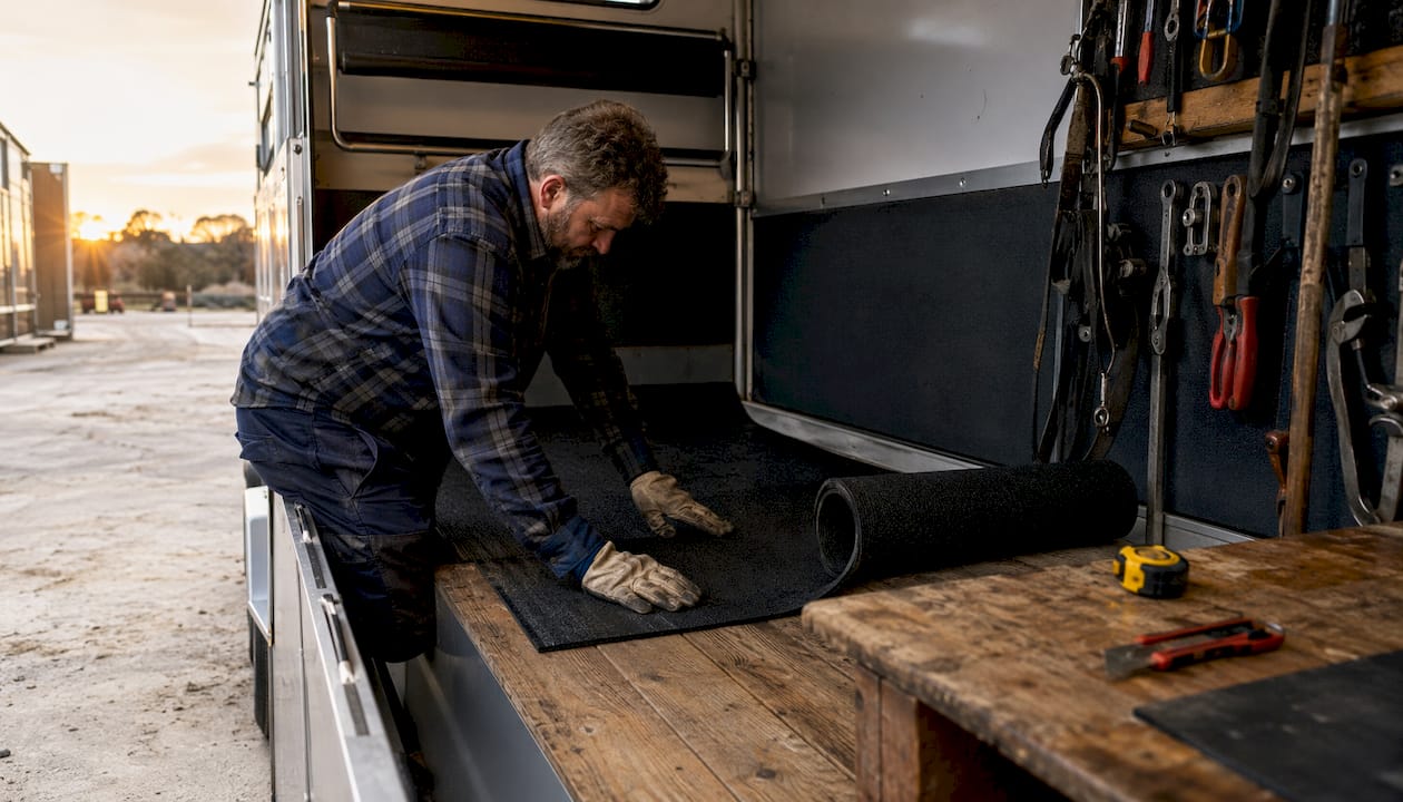 Craftsman fitting vulcanized rubber mat in workshop