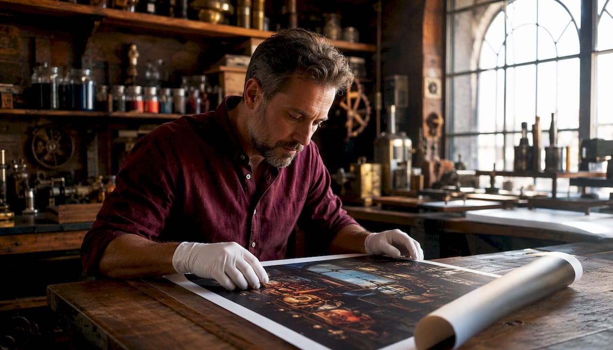 Technician preparing museum-quality print materials