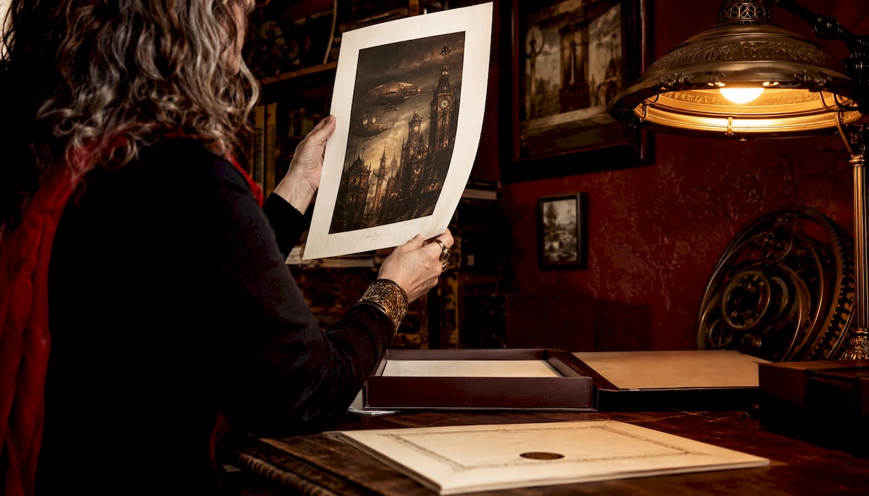 Collector inspecting archival fine art print