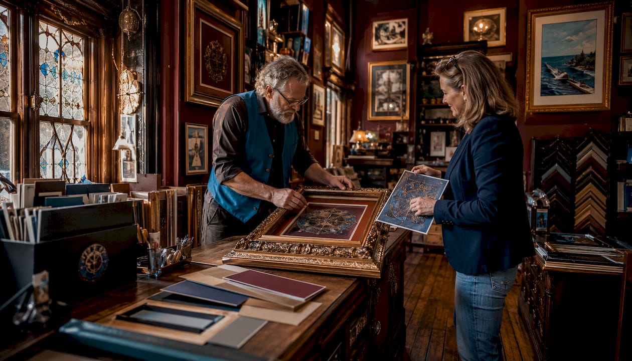Frame shop interior with framer assisting client