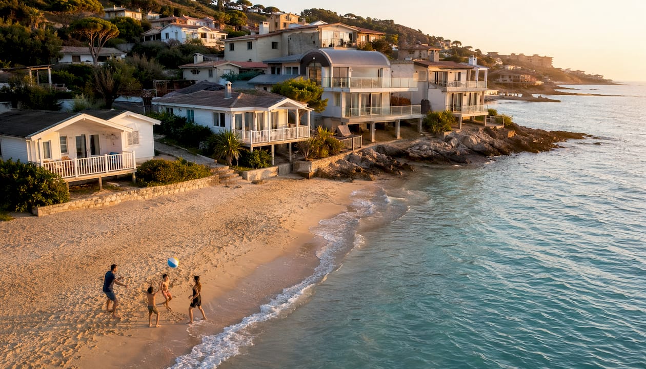 Beach town and vacation rental homes aerial view