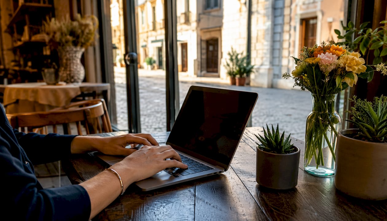 Hands typing on laptop in Italian apartment kitchen