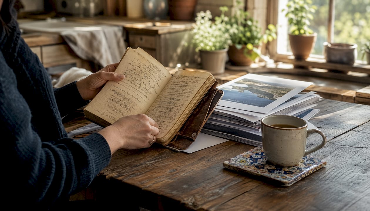Hands writing remote work history documents at desk