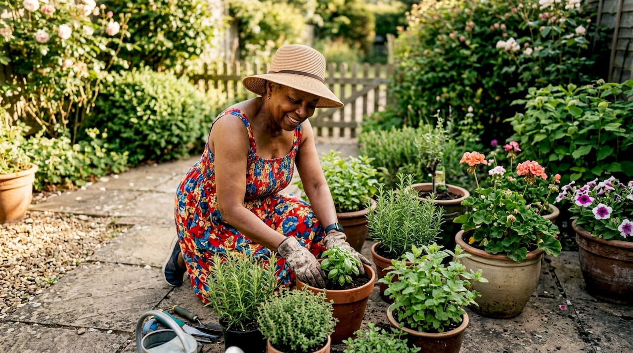 Woman gardening in suburban house yard