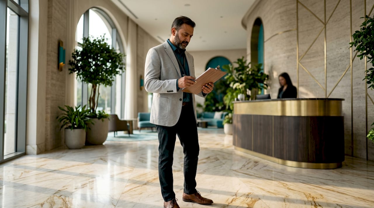 Man reviewing condominium documents in lobby