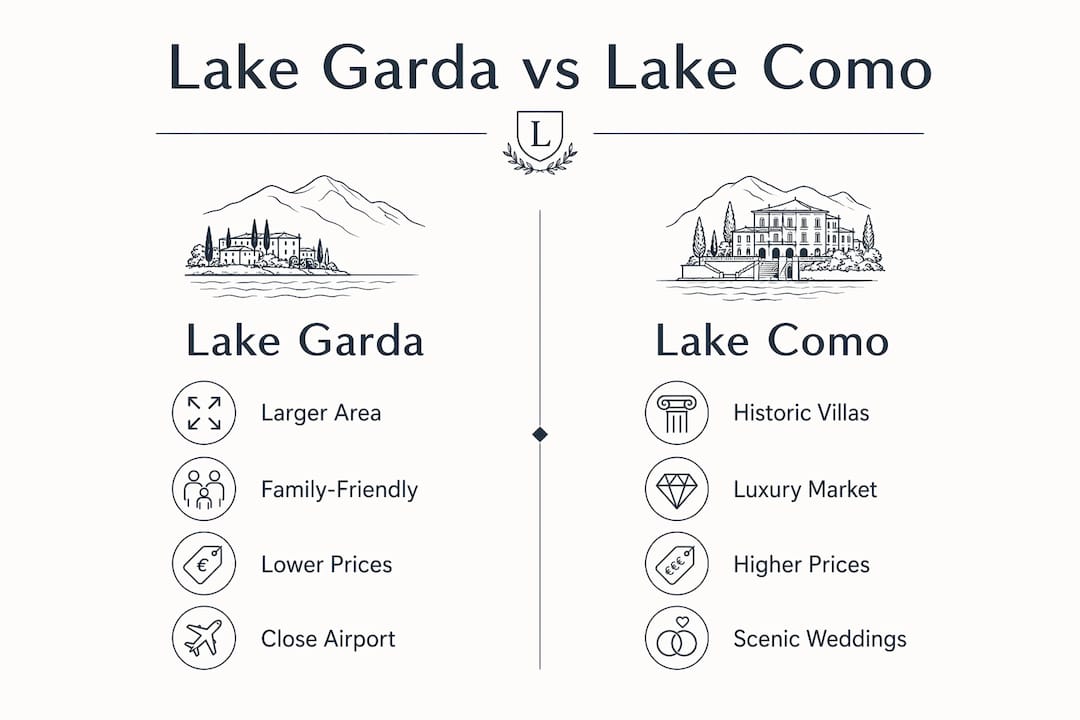 Infographic comparing Lake Garda and Lake Como key features