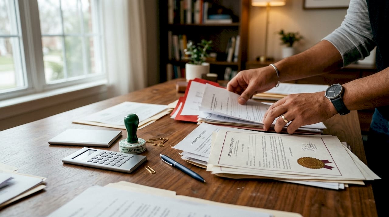 Overhead view of documents with notary stamp and apostille form