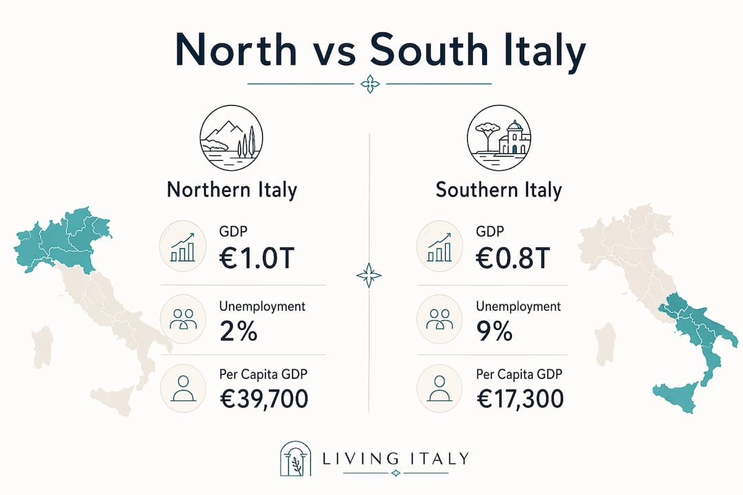 Infographic comparing key economic indicators North vs South Italy
