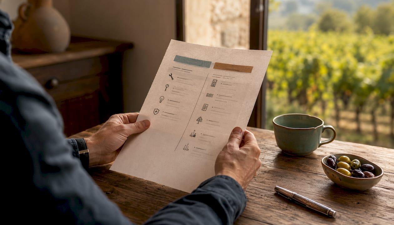 Hands holding expense category document on table