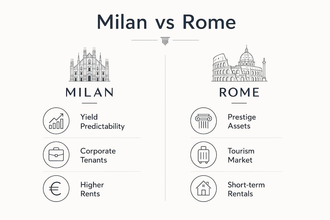 Infographic comparing Milan and Rome real estate investments