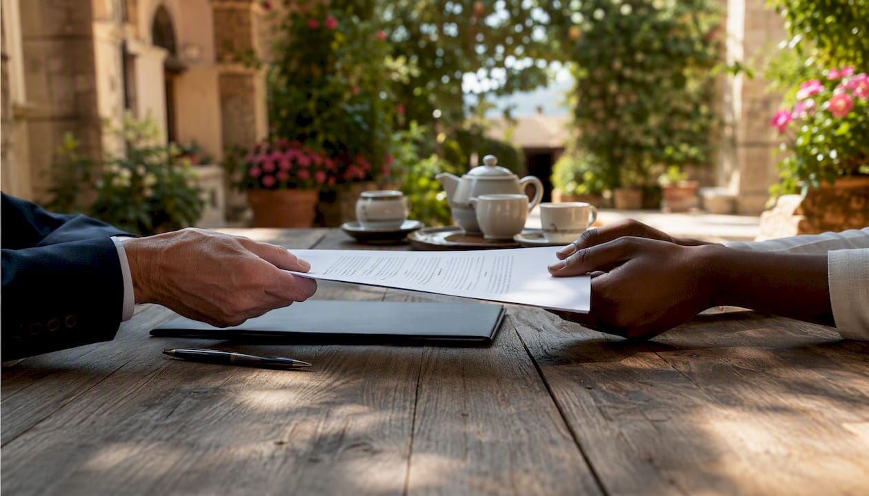 Hands exchanging signed property sale agreement