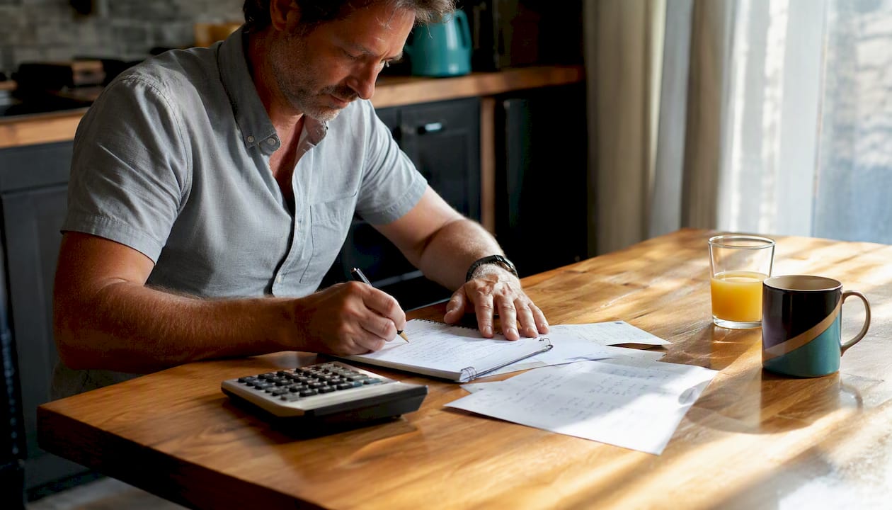 Hands calculating IMU tax with ledger and calculator