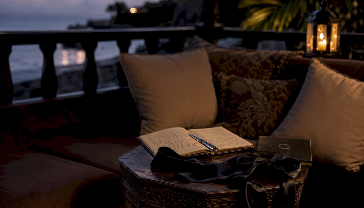Dark intimate desk with negotiation checklist and blindfold