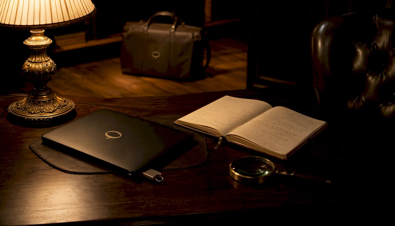 Dark tech workspace with encryption tools