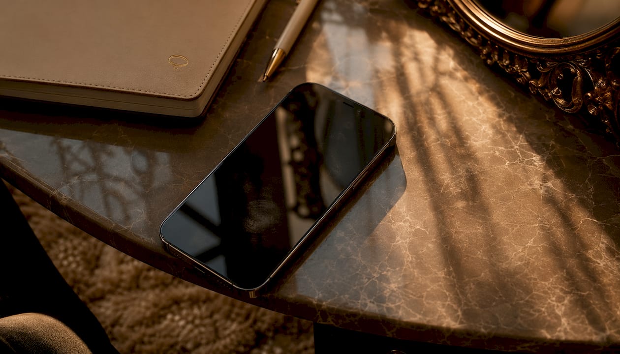 Close-up of smartphone on desk in warm dark room