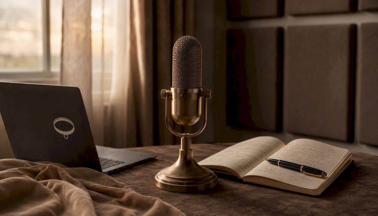 Microphone and notes in warmly lit recording studio