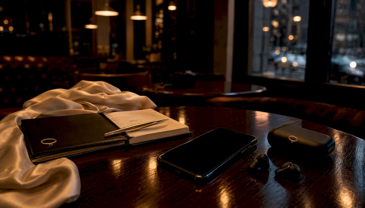 Dark wood desk with smartphone and privacy tools