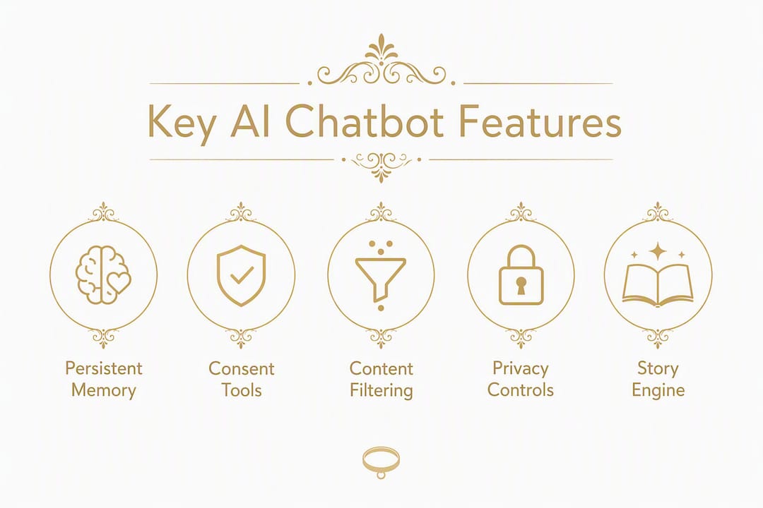 Infographic showing key AI chatbot features for femdom privacy