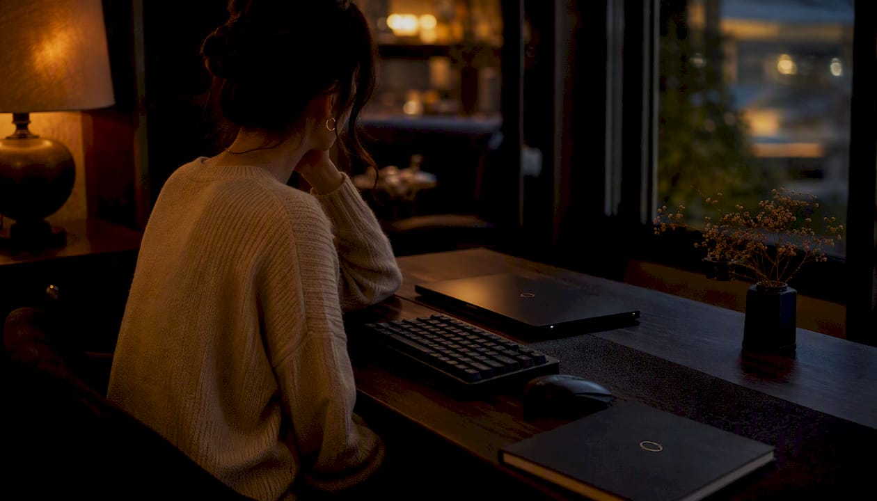 Dark tech workstation with warm intimate lighting