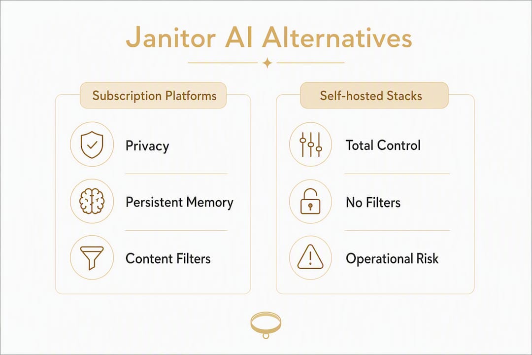 Infographic comparing Janitor AI alternatives by category