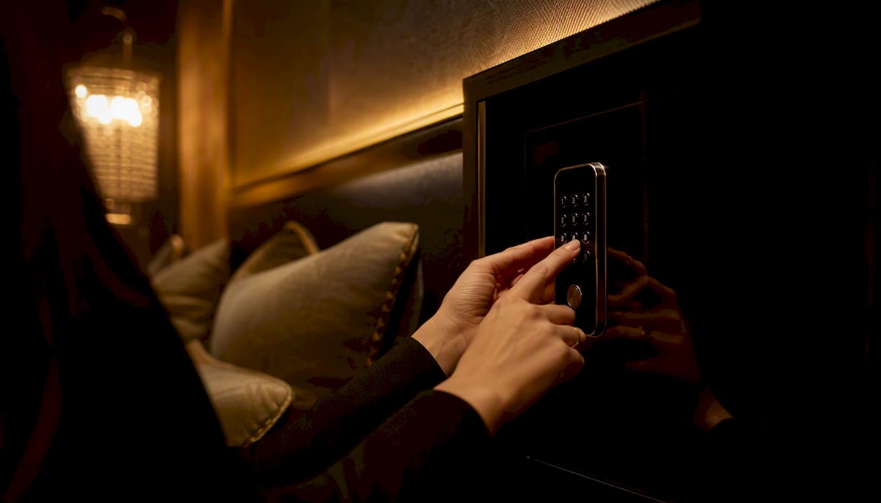 Hands entering PIN on privacy device