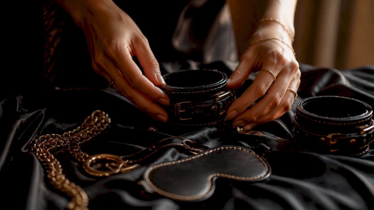Hands arranging femdom ritual accessories