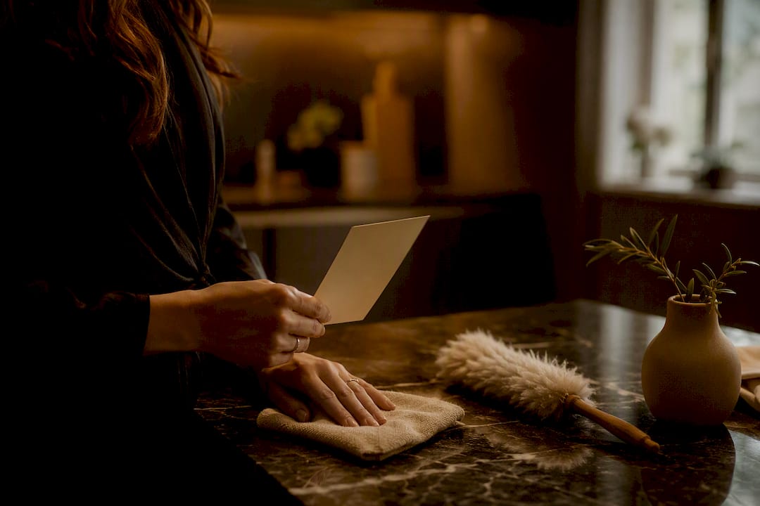 Hand wiping surface with checklist and tools nearby