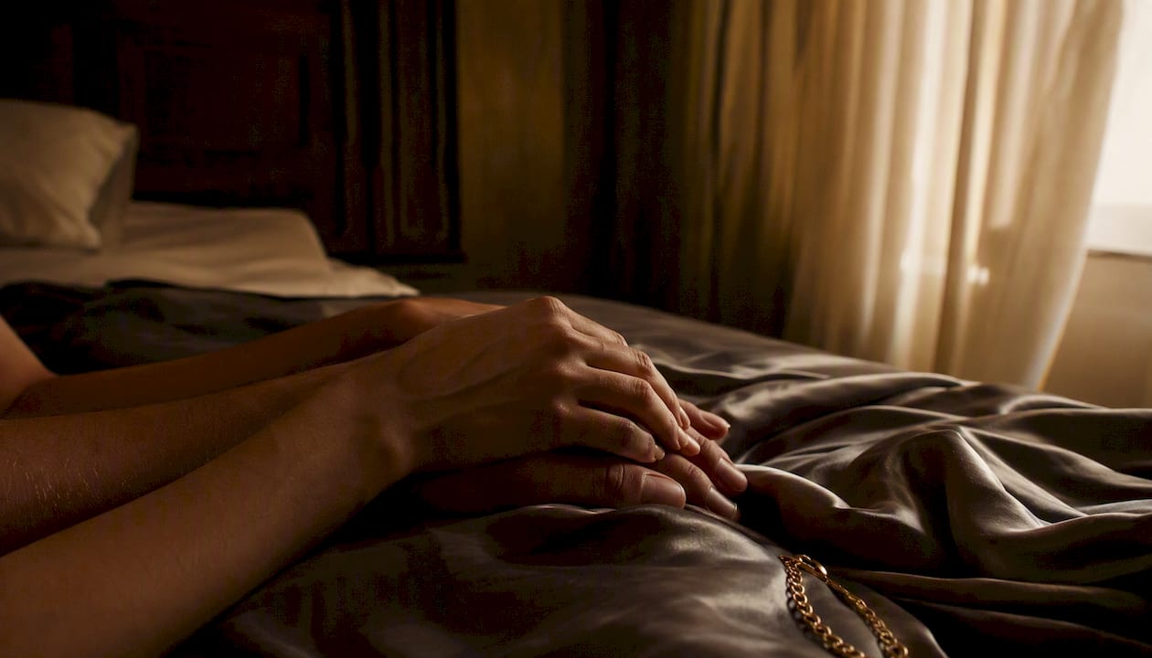 Hands gently clasped in intimate aftercare moment