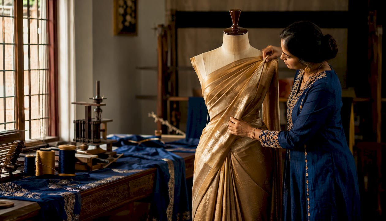 Hands draping silk saree on mannequin in studio