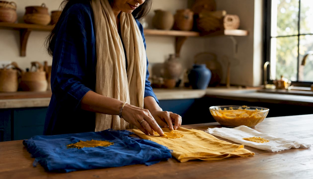 Hands testing turmeric stain on fabric swatches in laundry room