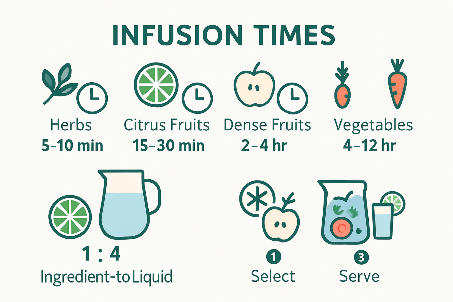 Infographic showing infusion times and ratios for fruit and herb beverages