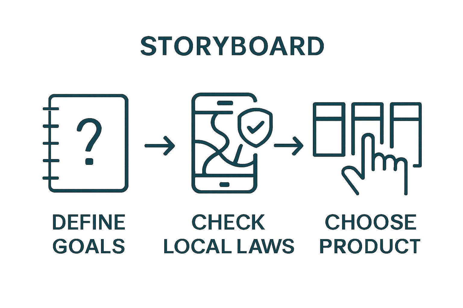 Infographic showing steps: define goals, check legality, pick product