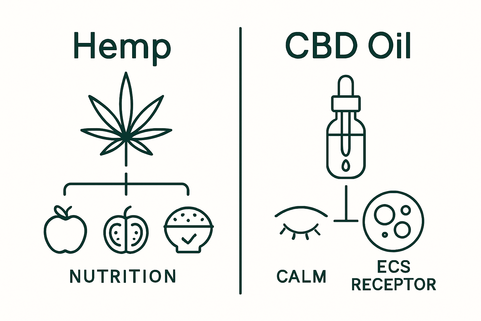 Side-by-side visual comparison of hemp oil and CBD oil core uses