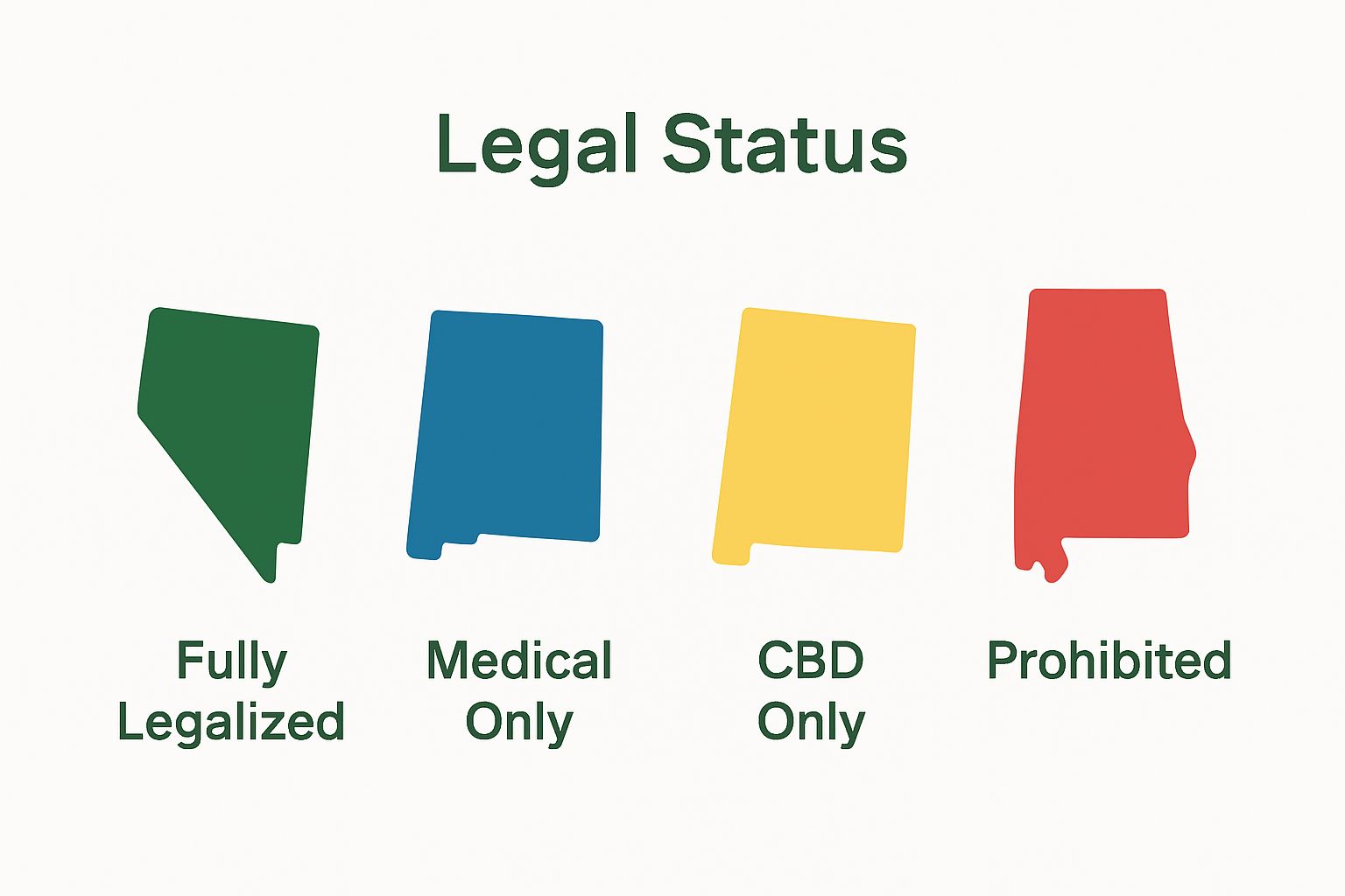 US state map icons showing four simple cannabis law categories