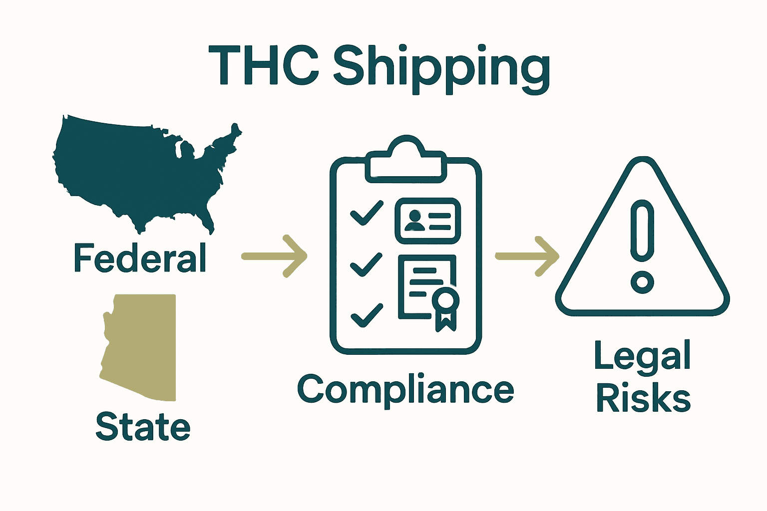Infographic showing federal and state THC shipping law differences, compliance checklist, and key legal risks.