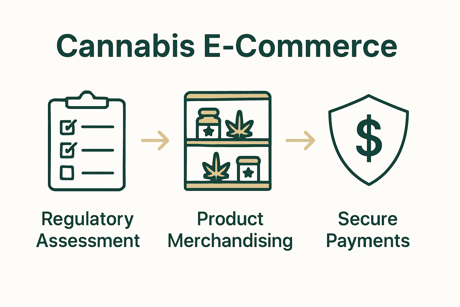 Process infographic showing compliance, catalog setup, and payment solutions for cannabis e-commerce