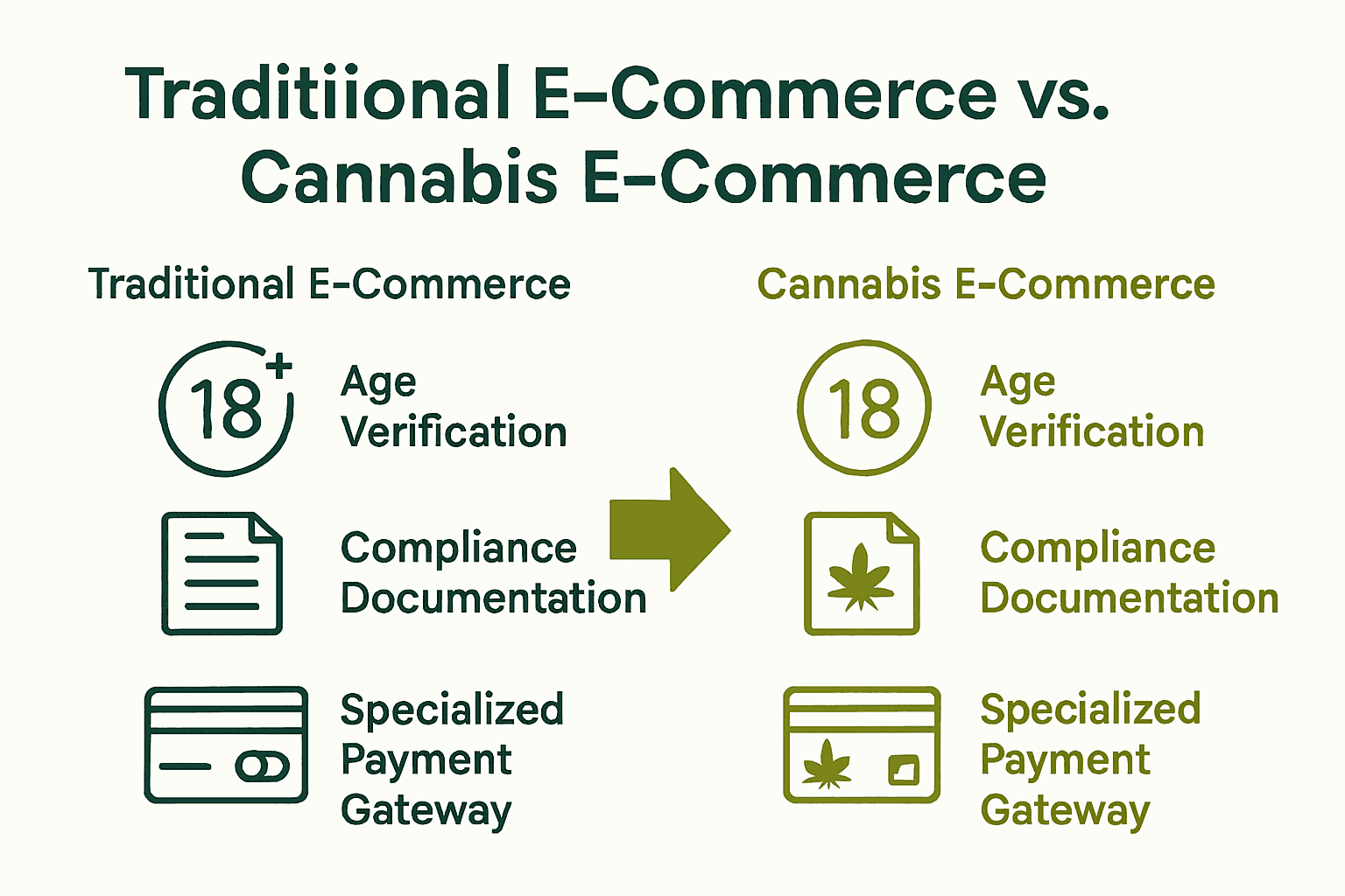 Infographic comparing standard e-commerce with cannabis e-commerce compliance needs