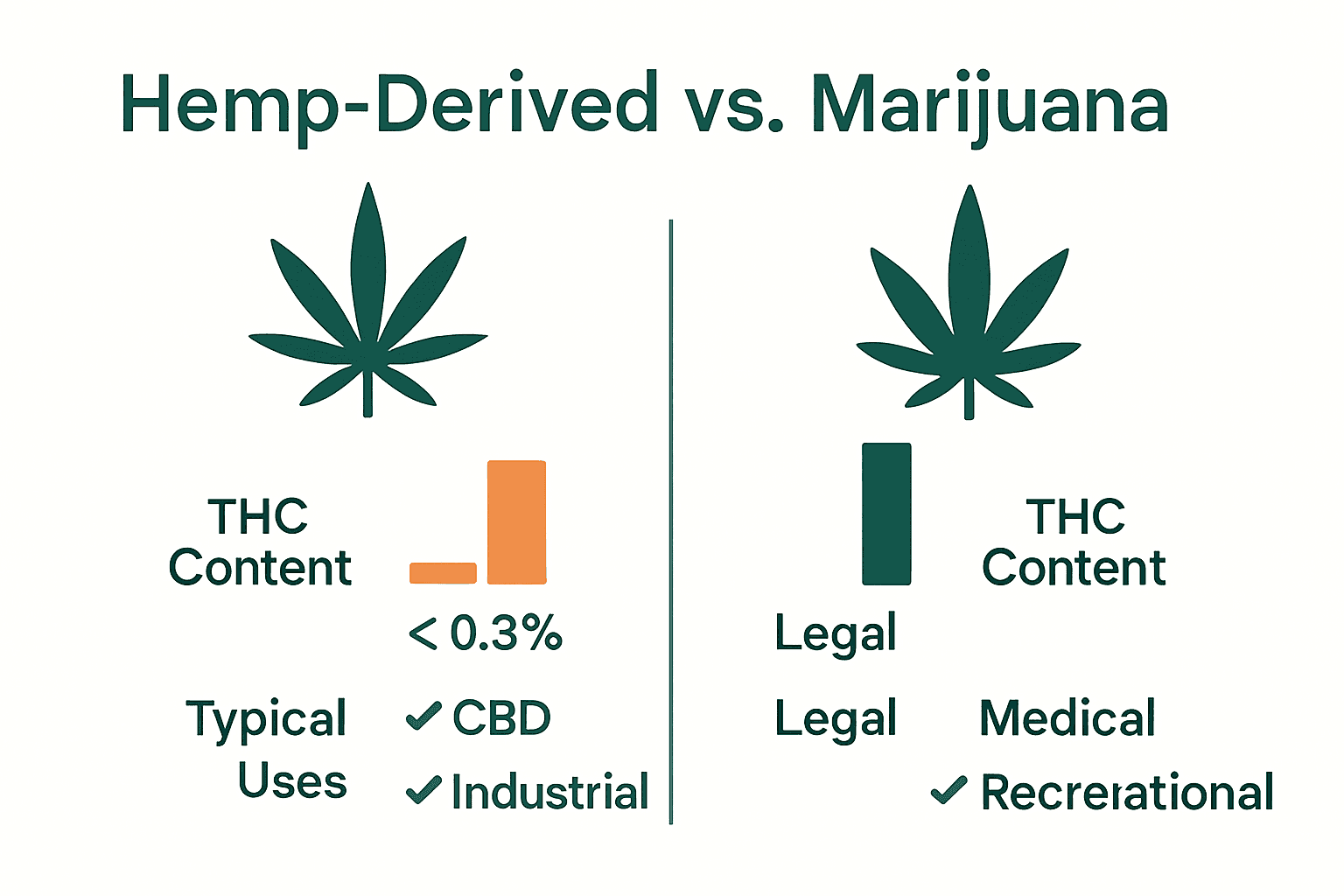 Infographic contrasting hemp-derived and marijuana products with icons, THC chart, and legal status comparison.