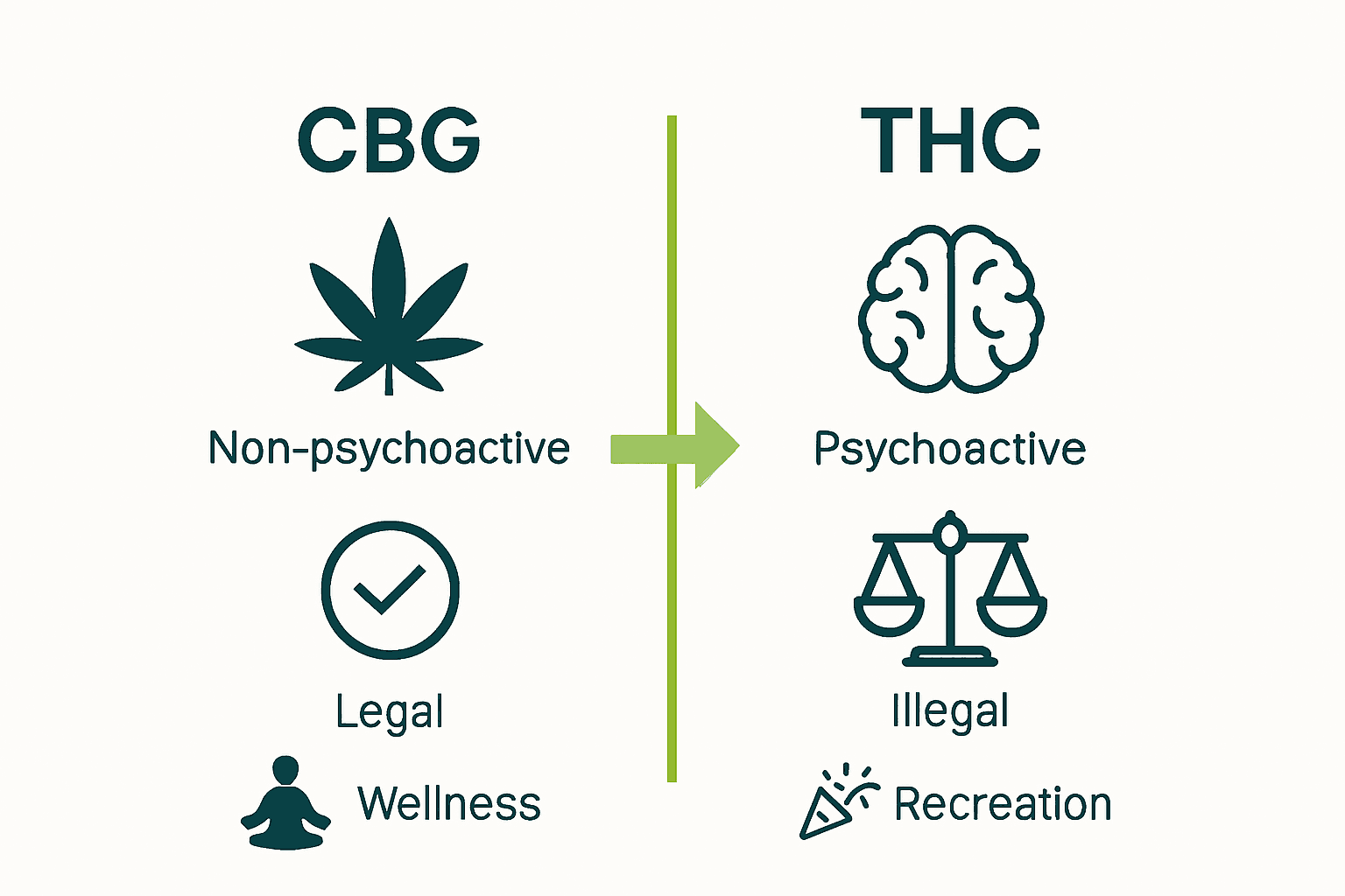 Comparison infographic of CBG versus THC effects, legality, and uses