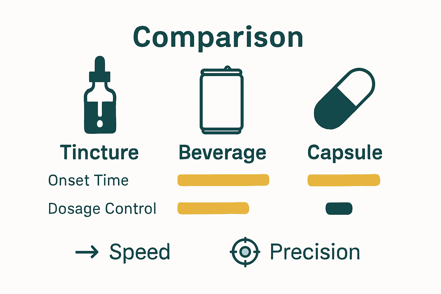 Infographic comparing tinctures, beverages, and capsules for cannabis microdosing with icons and arrows.