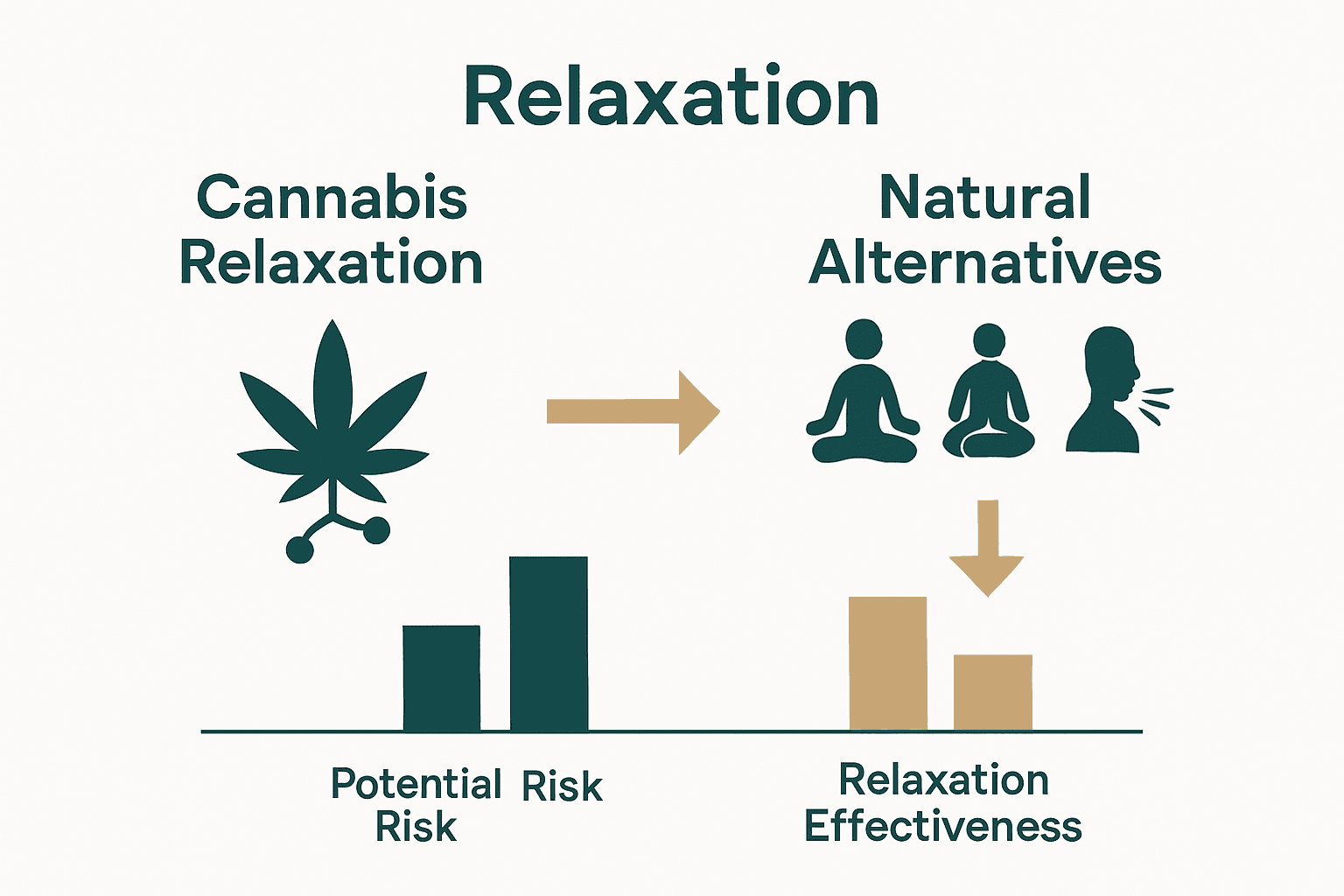 Infographic contrasting cannabis and alternative relaxation methods with risk and effectiveness levels.