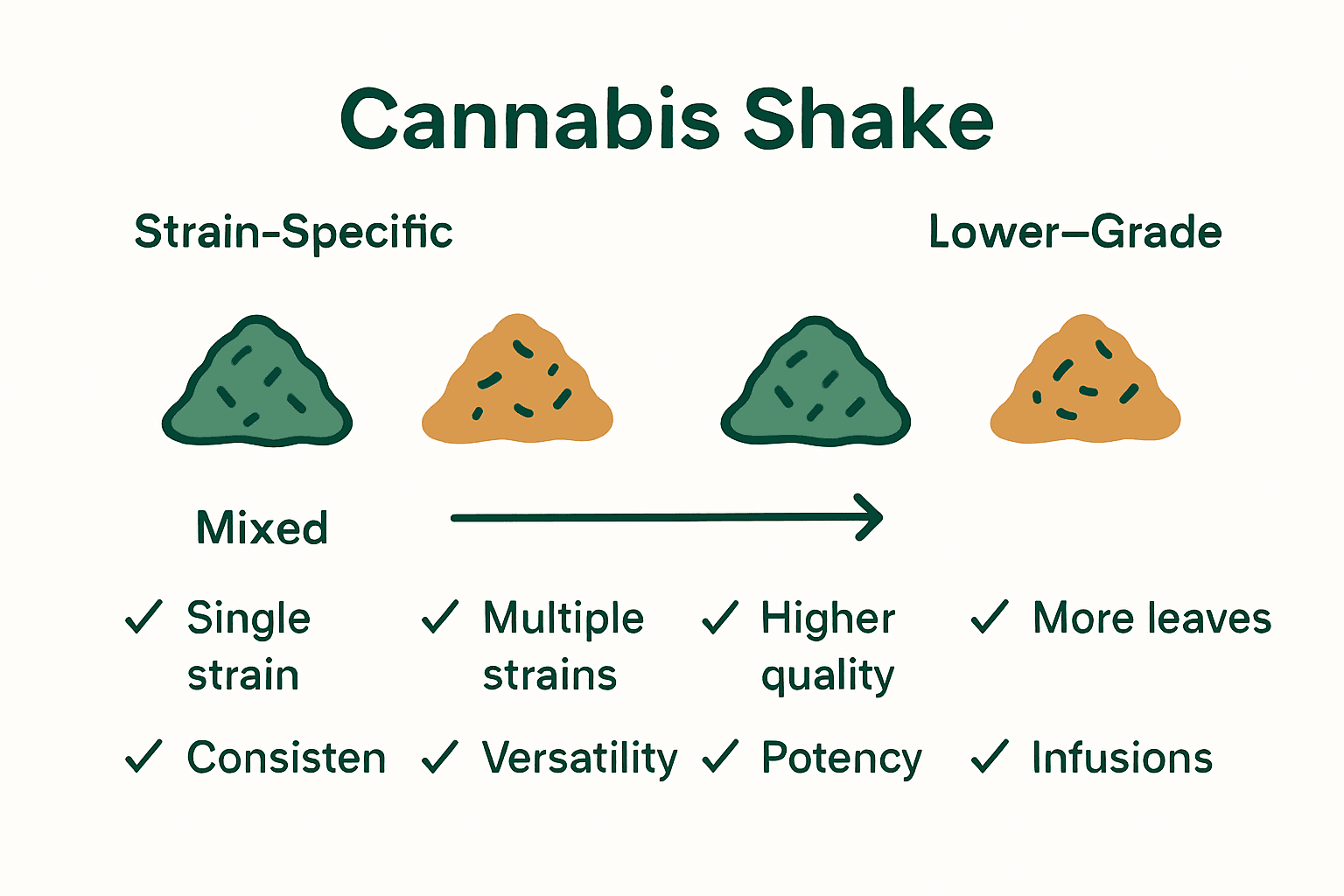 Comparison chart of cannabis shake types with icons and uses