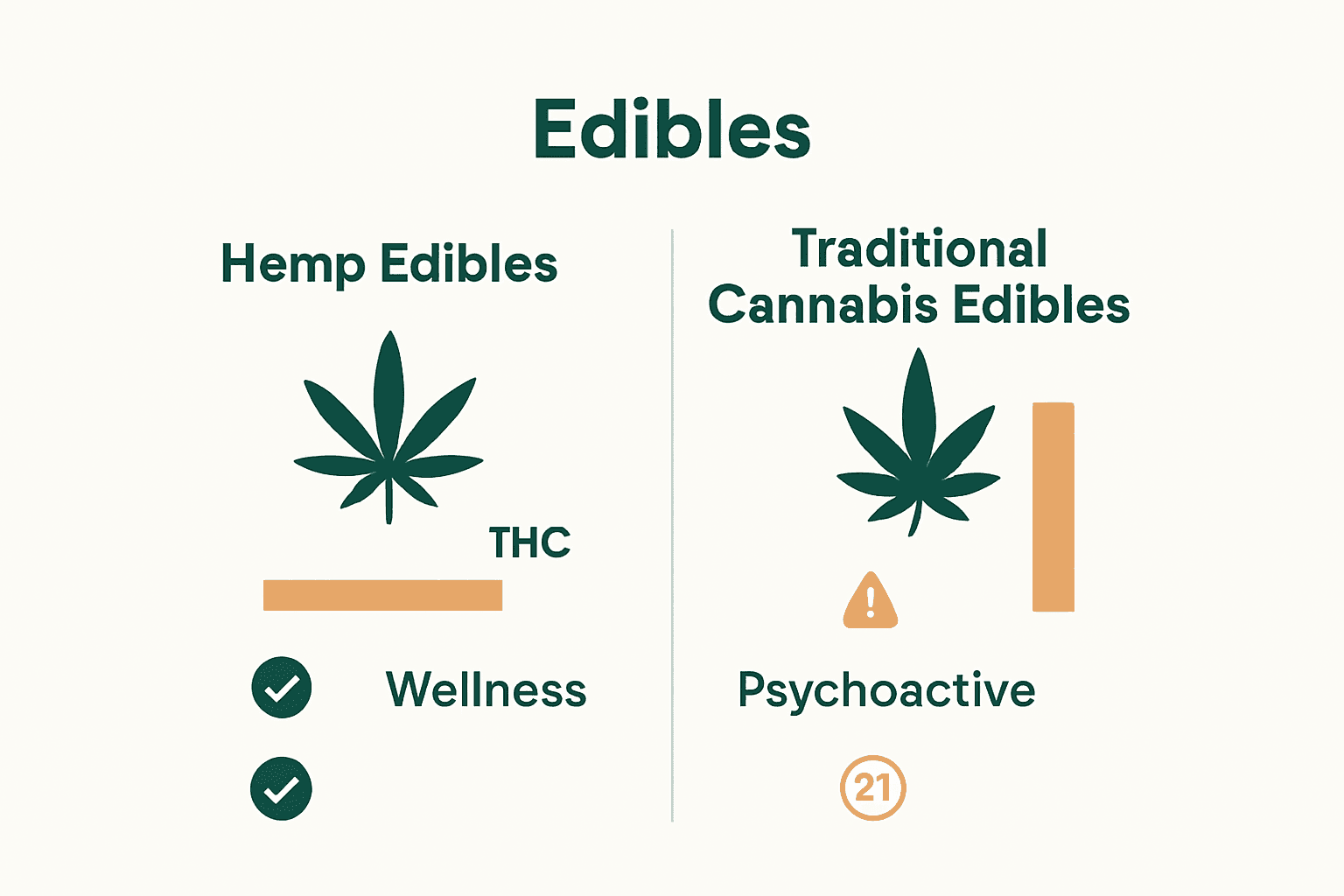 Infographic showing comparison between hemp and traditional edibles: THC level bar, leaf icons, effect icons.