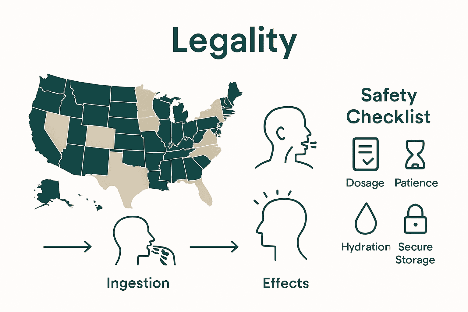 Infographic showing edibles legality map, body process stages, safety checklist