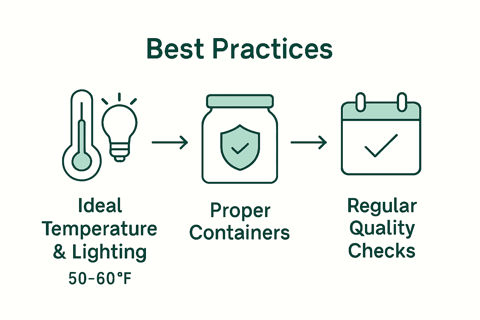Infographic showing best practices for storing infused products: temperature, container, inspection.